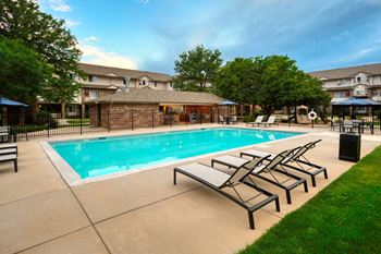 A swimming pool surrounded by sun loungers and trees.